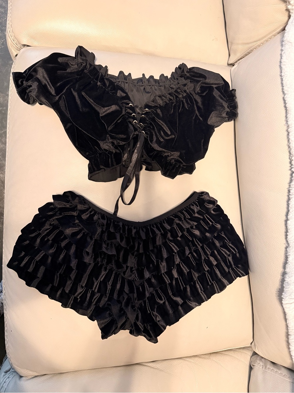 Black Ruffled Velvet Crop Top & Shorts Loungewear Set